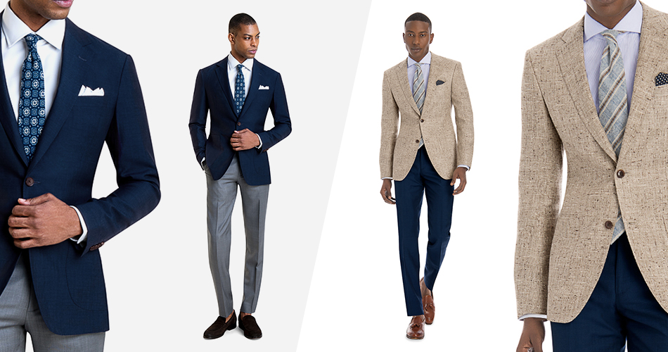 four men with blue pants and linen blazers