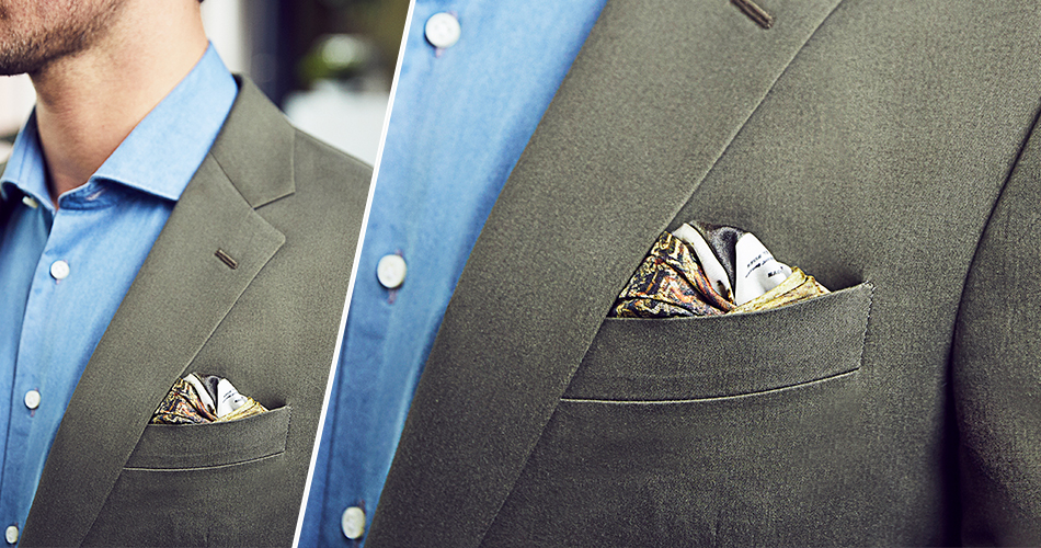 brown suit with pocket square