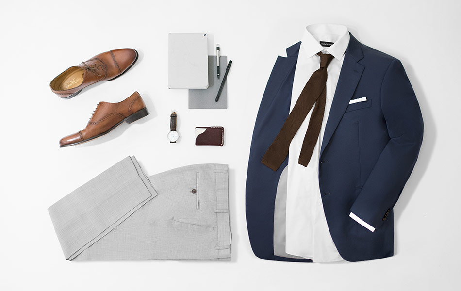 navy blazer combination outfit with brown ties and gray pants with brown dress shoes