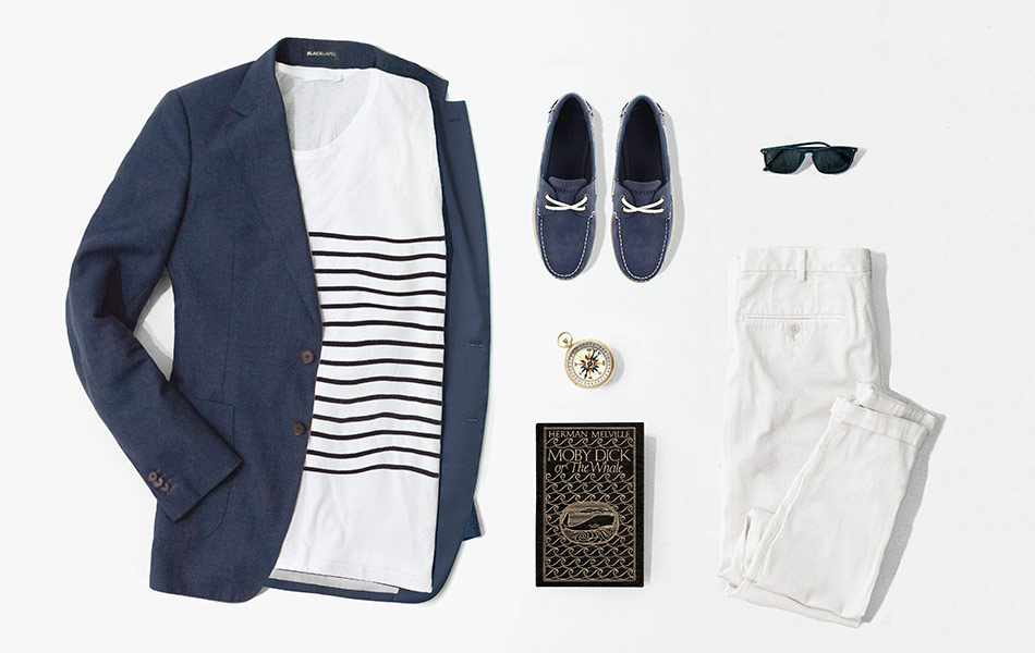 navy blazer combination outfit with white striped shirt and white pants paired with navy boat shoes