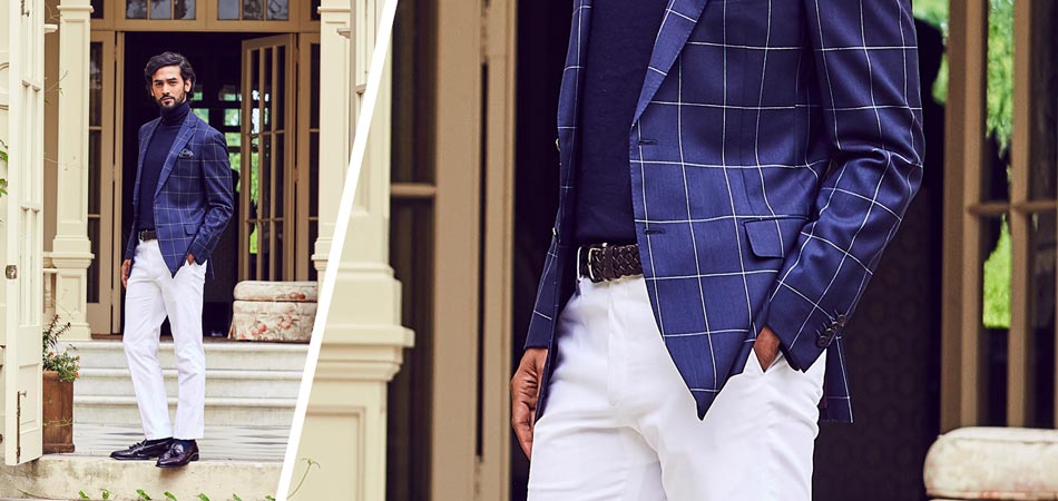 man showing how to wear windowpane suit with white pants