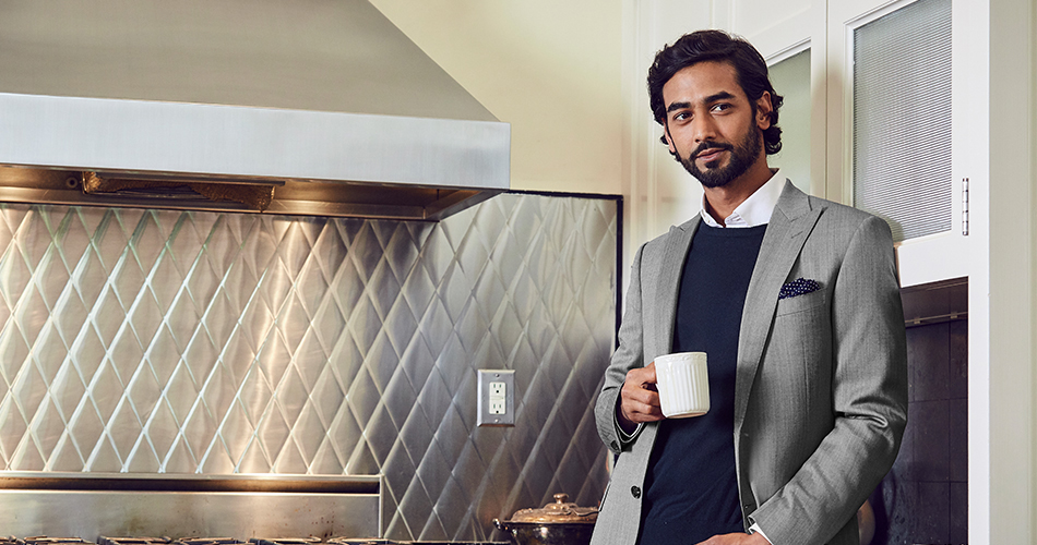 gray sweater with dress shirt and coffee