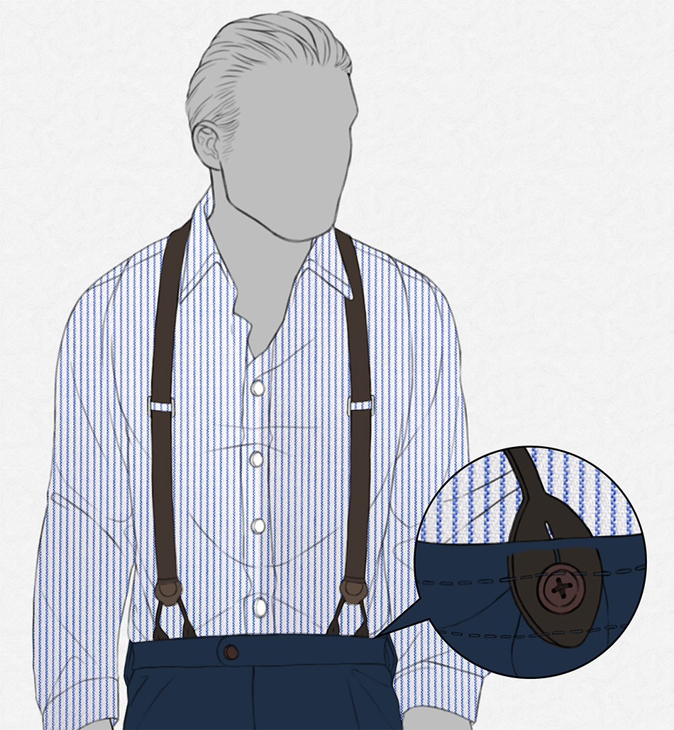 man with suit and suspenders and button