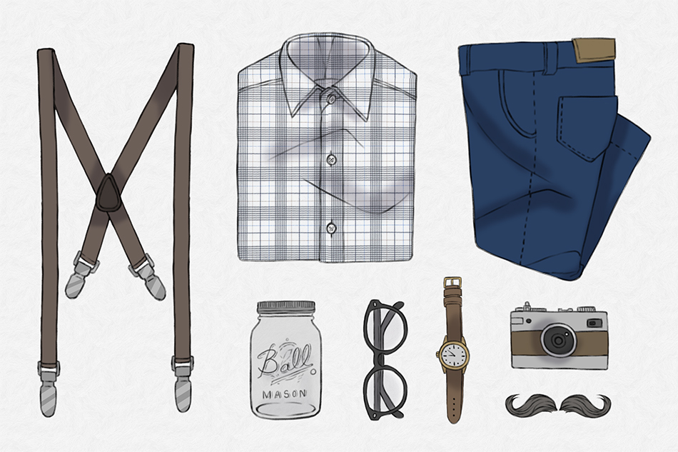 casual clothing flat lay with suspenders on the side