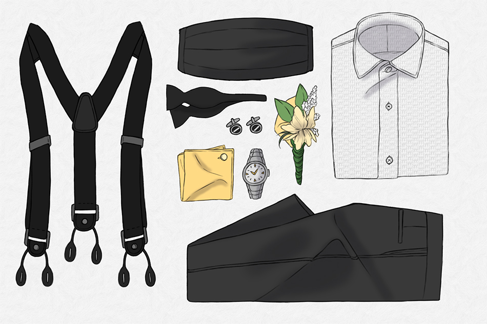 suit and suspenders formal flat lay with tuxedo