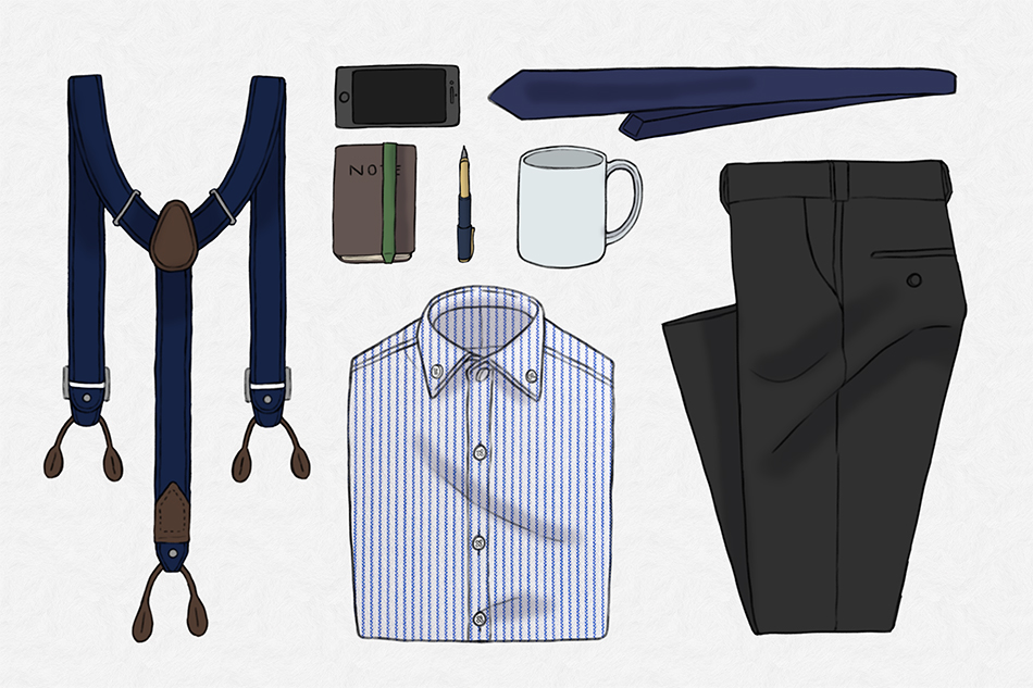 suit and suspenders look flat lay business focused