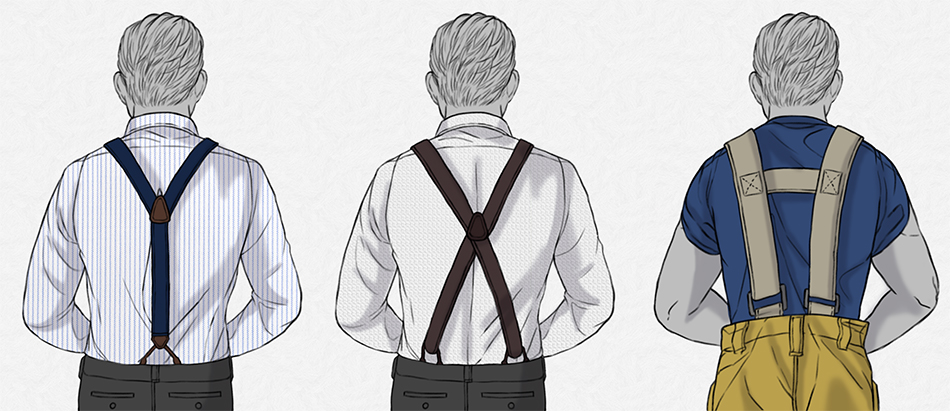 3 men wearing suspenders in x,y or H