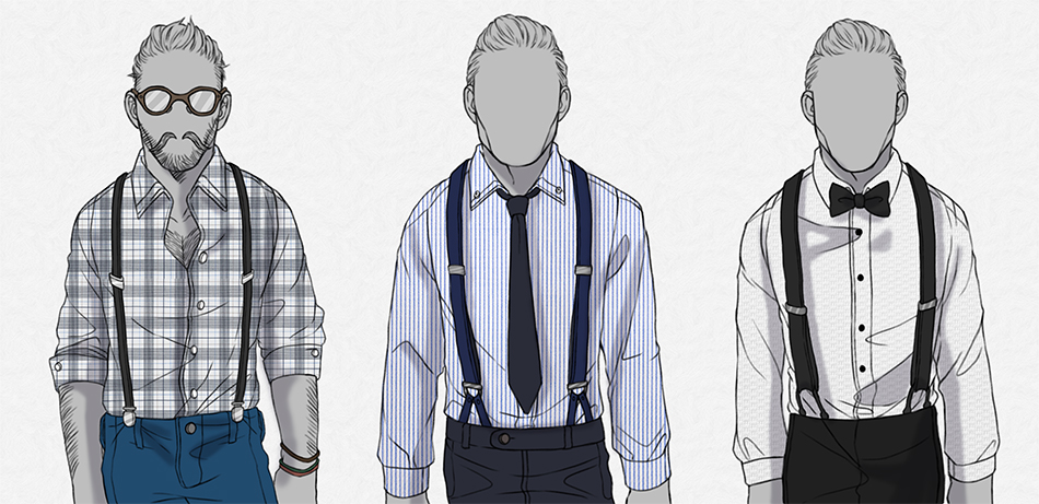 showing how to wear suspenders in the correct width with three men side by side