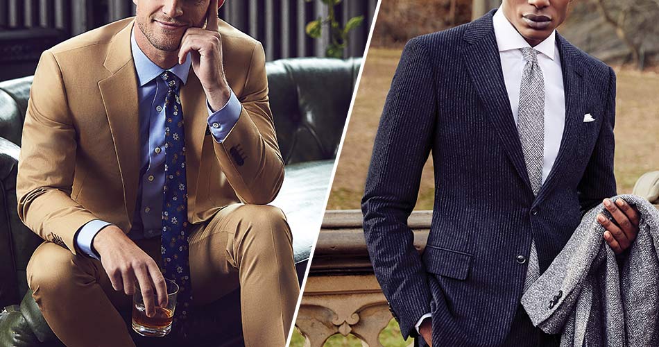two photos side by side of one man wearing cotton khaki suit and another man wearing pin stripe navy flannel suit