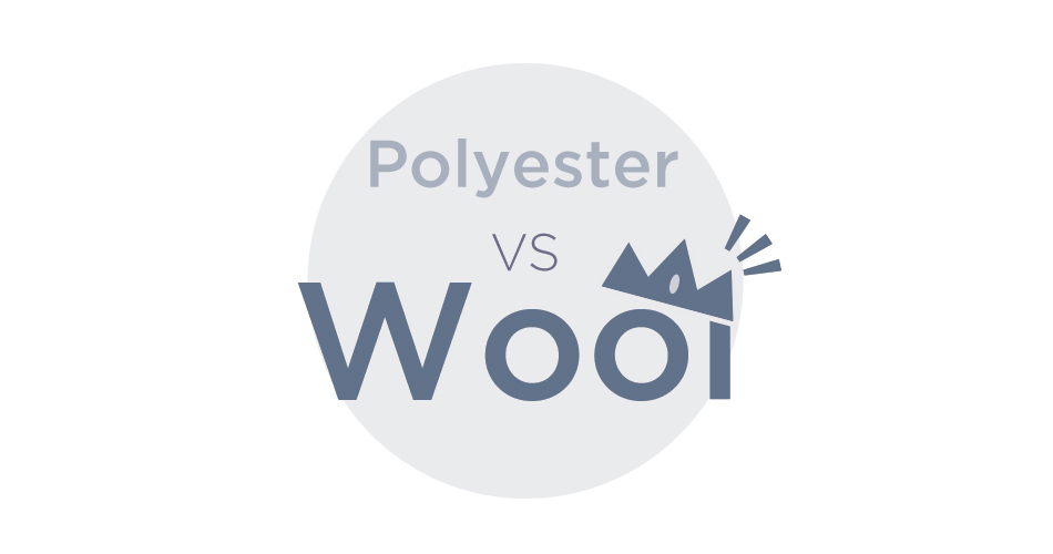 text reading polyester vs and wool in larger size and darker blue color with crown icon above it