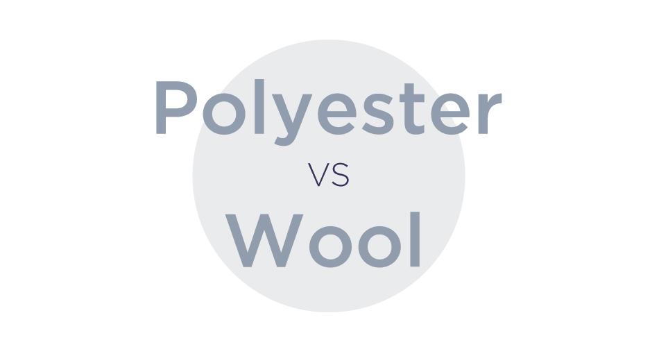 text in blue gray reading polyester vs wool with a light gray circle background