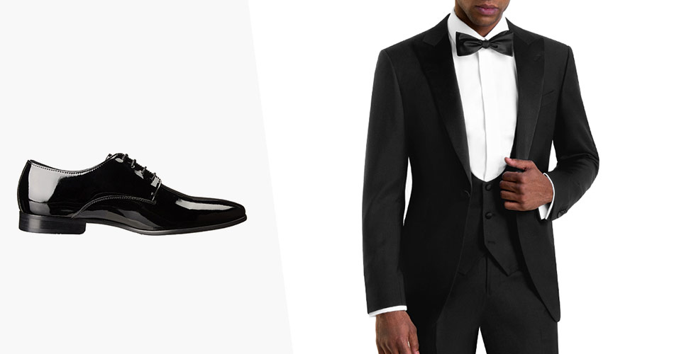 sideview of black patent oxfords paired with a man wearing black tuxedo and black bow tie