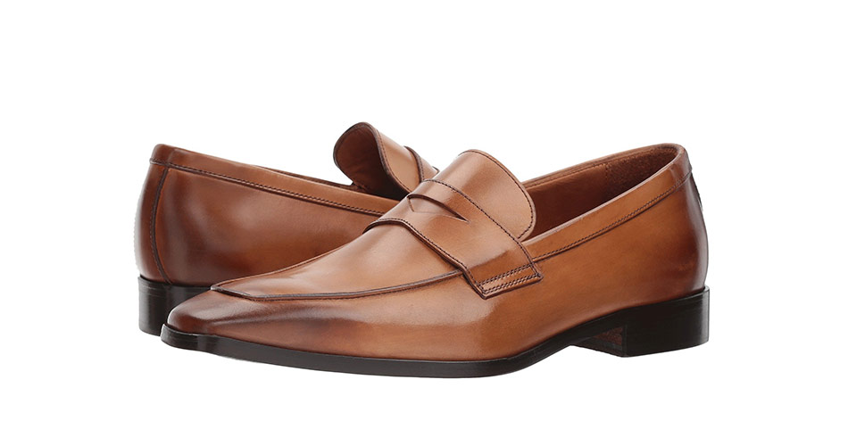 pair of brown penny loafers
