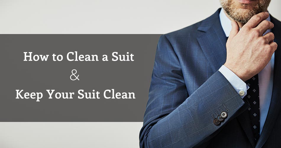 a crop of man with his hand on his chin wearing window pane blue suit with text reading how to clean a suit & keep your suit clean