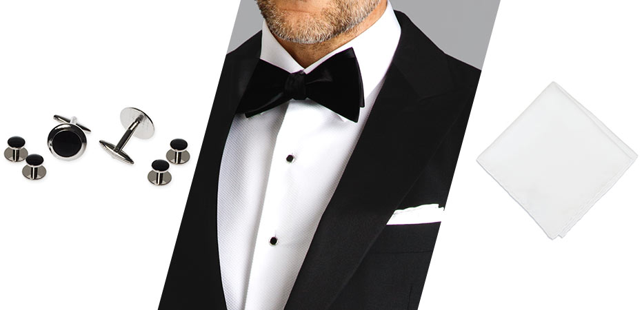 three sections each showing a set of tuxedo stubs and cufflinks, a man wearing a bowtie, and a folded white pocket square