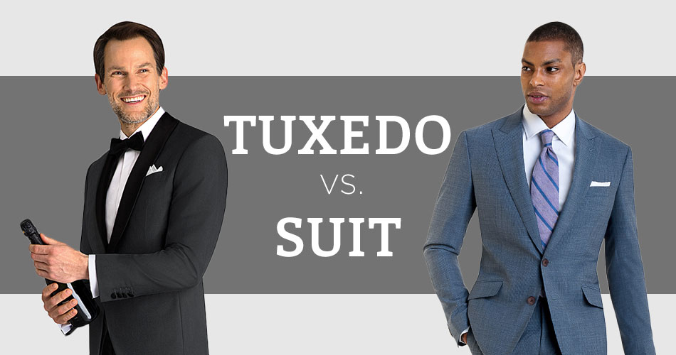 man wearing a dark gray tuxedo holding a champagne bottle and another man wearing blue suit with lavender tie with text tuxedo vs suit between them