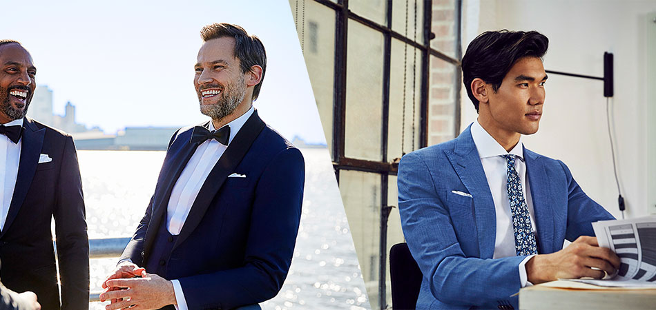 a man wearing navy tux leaning against a railing next to a crop of a man wearing a blue suit sitting on a desk