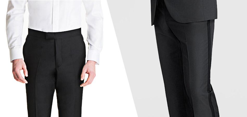 cropped close up of a man wearing tuxedo pants without belt loops next to the side of tuxedo pants with the satin stripe visible