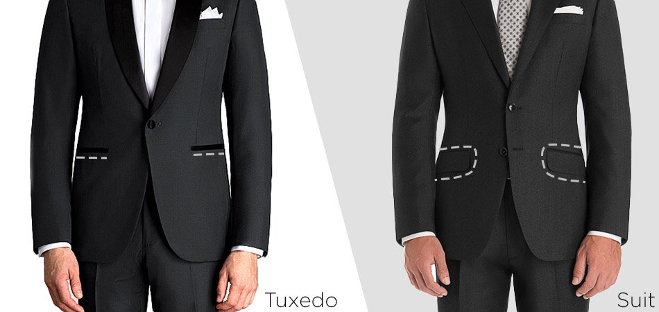 dotted lines highlighting the difference between a jetted pocket on a tuxedo jacket and flapped pocket on a suit jacket