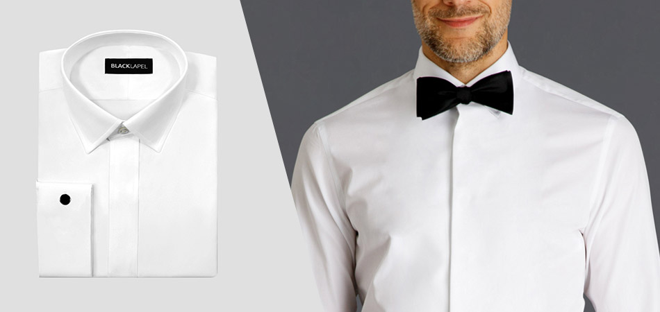 folded white tuxedo shirt next of a crop of a man wearing white shirt and black bowtie