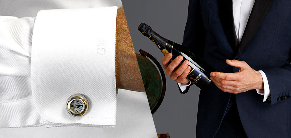 a close up of a cuff with a compass cufflink and a crop of a man holding a champagne bottle wearing a navy tuxedo with the cuffs visible