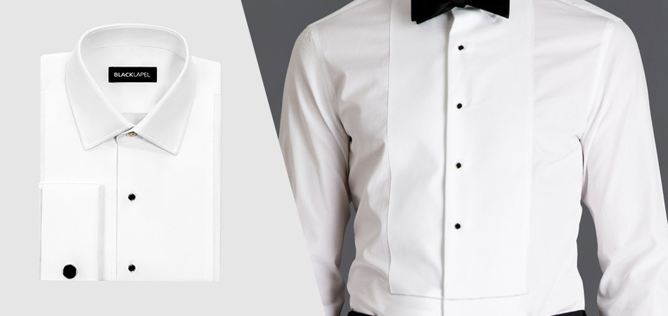 a folded white tuxedo shirt with tuxedo studs and a crop of an identical shirt on a model