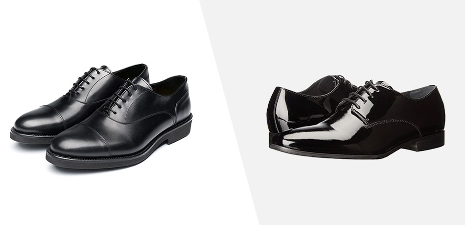 a pair of black leather oxford next to a pair of patent black oxfords