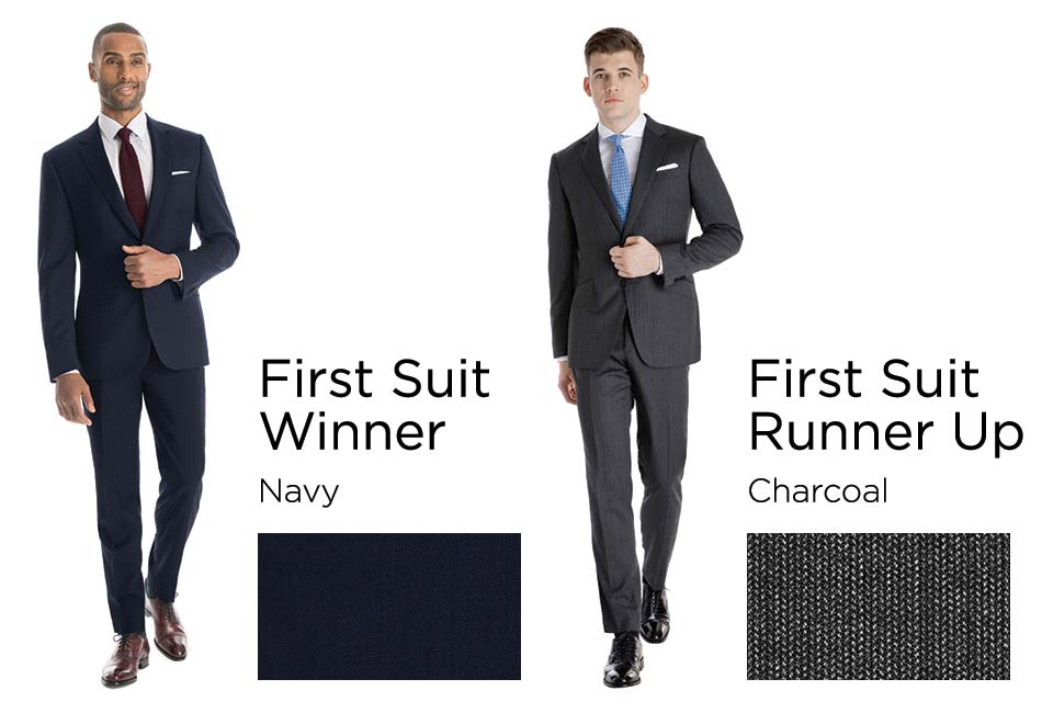 two men wearing navy and dark gray suit labeled 'first suit winner' and 'first suit runner up'