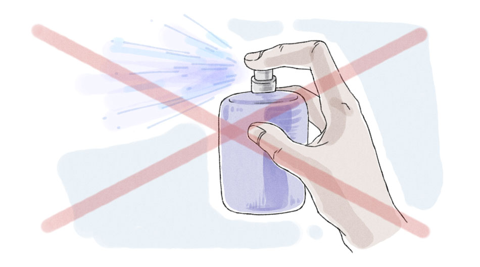 hand spraying cologne into the air with red x on top