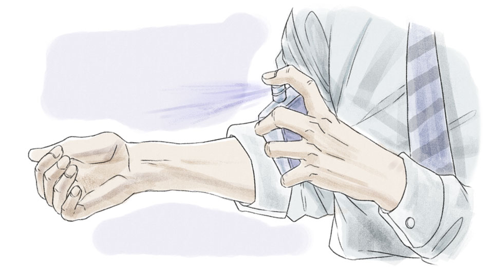 person wearing a shirt and tie spraying cologne on wrist