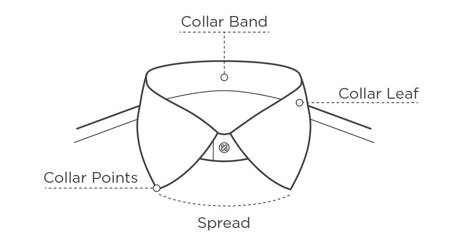 standard shirt collar illustrated in simple lines with dotted lines pointing to collar band, collar points, collar leaves, and the spread