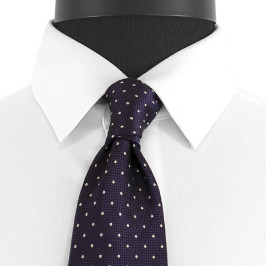 crop of a white dress shirt on a black dress form with dotted purple tie