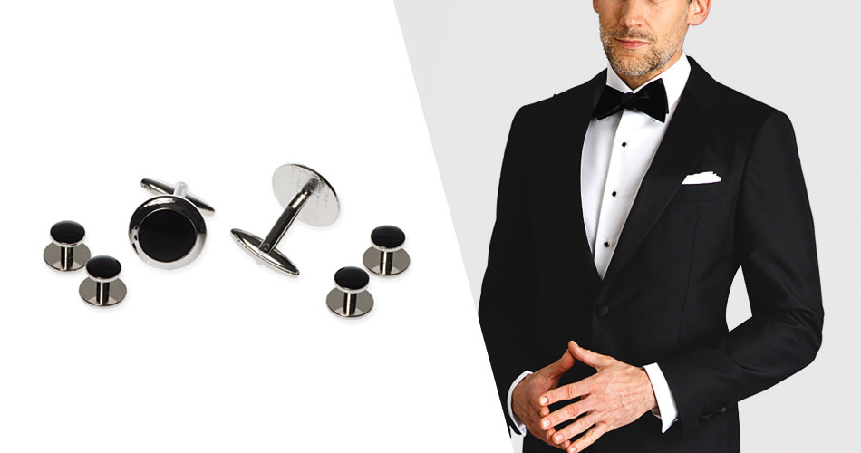 set of silver and black tuxedo studs next to a man wearing black tuxedo with tuxedo studs on white dress shirt