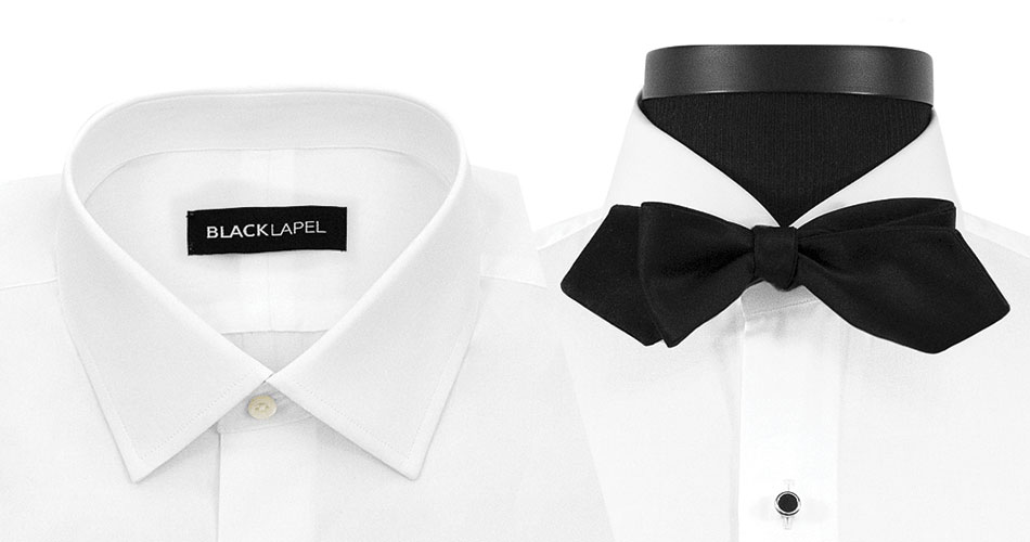 collar of a tuxedo shirt next to a mannequin wearing a tuxedo shirt with bowtie