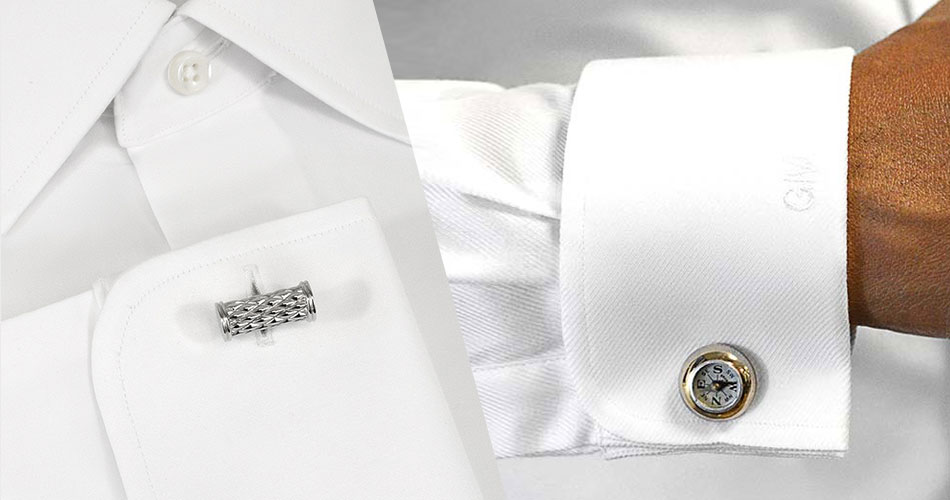 crop of a folded shirt with silver metallic cufflink on the french cuff and a crop of a man's wrist wearing french cuff shirt
