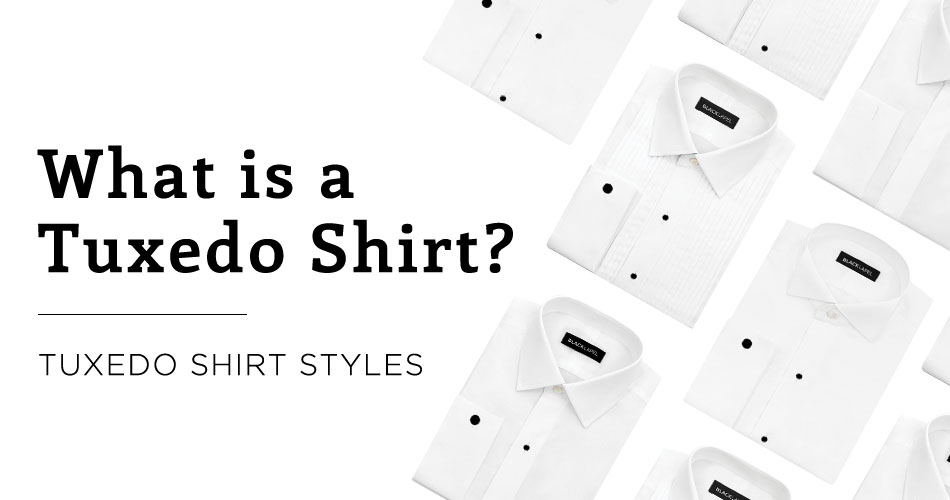 folded white dress shirts arranged diagonally on a white background with text 'what is a tuxedo shirt? tuxedo shirt styles'