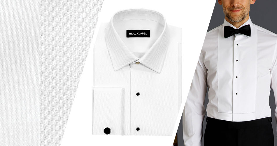 first panel showing two different textures of a pique bib, second a folded pique bib tuxedo shirt, third a man wearing a pique bib tuxedo shirt with a black bowtie