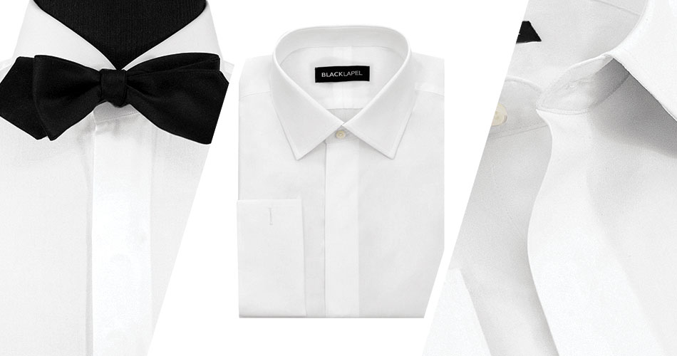 first panel a plain front tuxedo shirt on a black dress form, second a folded plain front tuxedo shirt, third a blose up of the collar of a plain front tuxedo shirt