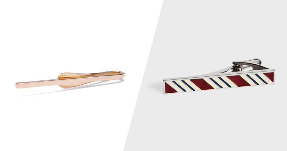 rose gold slide tie clip and striped enamel pinch tie clip