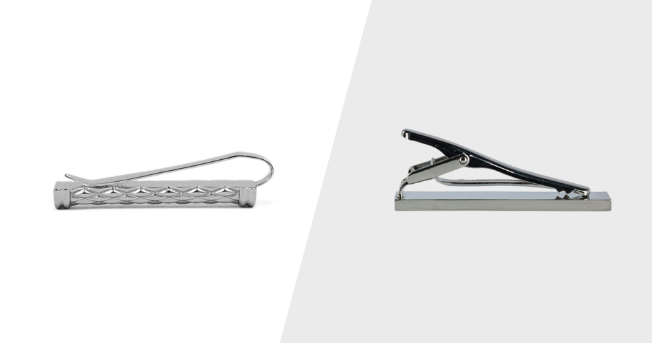 two silver tie clips side by side left one with slide style and the right one with pinch style