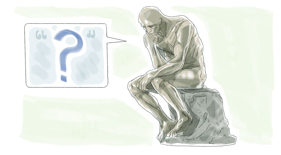 rodin's thinker with word bubble showing a question mark