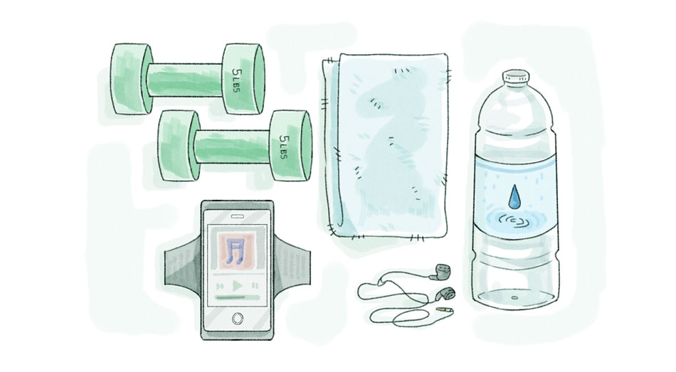 dumbbells, towel, earphones, a bottle of water, and a cellphone