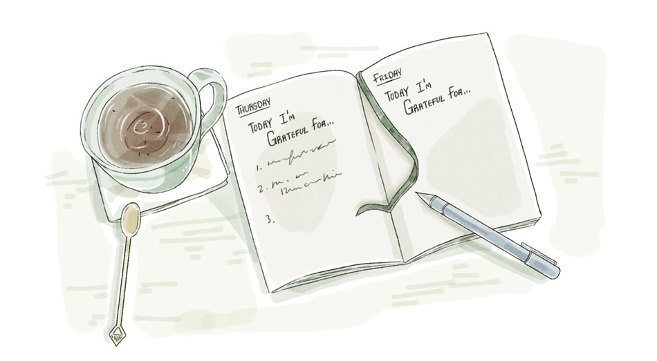 a journal with prompt "today I'm grateful for..." and a cup of tea 
