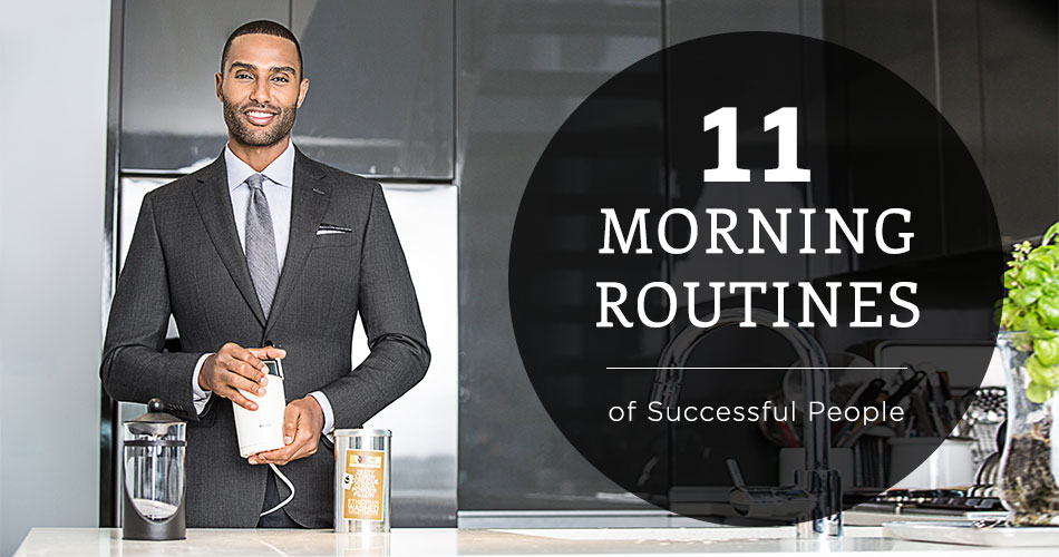 man wearing gray suit with tie making coffee with text overlay "11 morning routines of successful people"