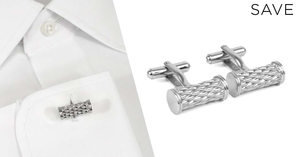 textured silver bar suit accessory cufflinks on white background and on white shirt