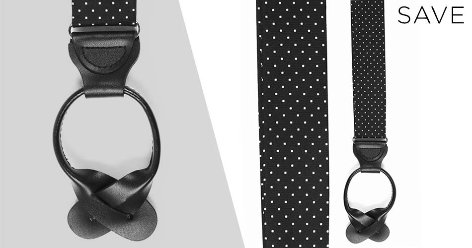 dotted suit accessory black suspenders with leather tabs on white background
