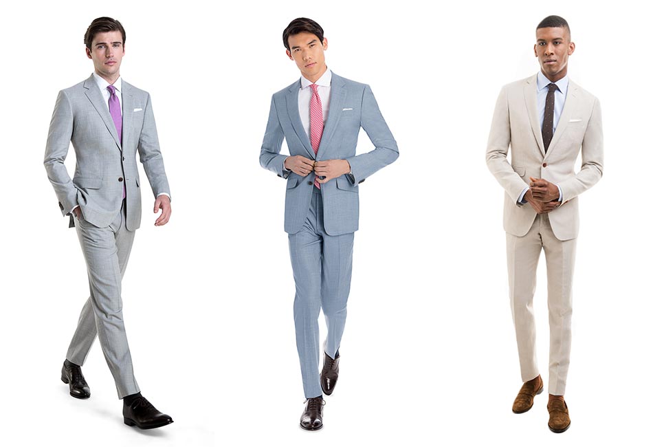 from left to right: man wearing a light gray suit with purple tie, man wearing a light blue suit with pink tie, man wearing a light khaki suit with brown tie