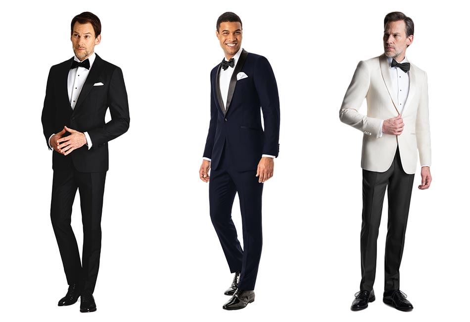 from left to right: man wearing black tux, man wearing a dark blue tux, and man wearing ivory dinner jacket with black dress pants