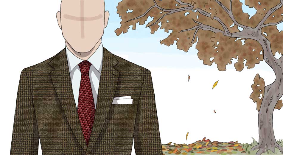 illustration of man wearing brown suit and maroon knitted tie in fall
