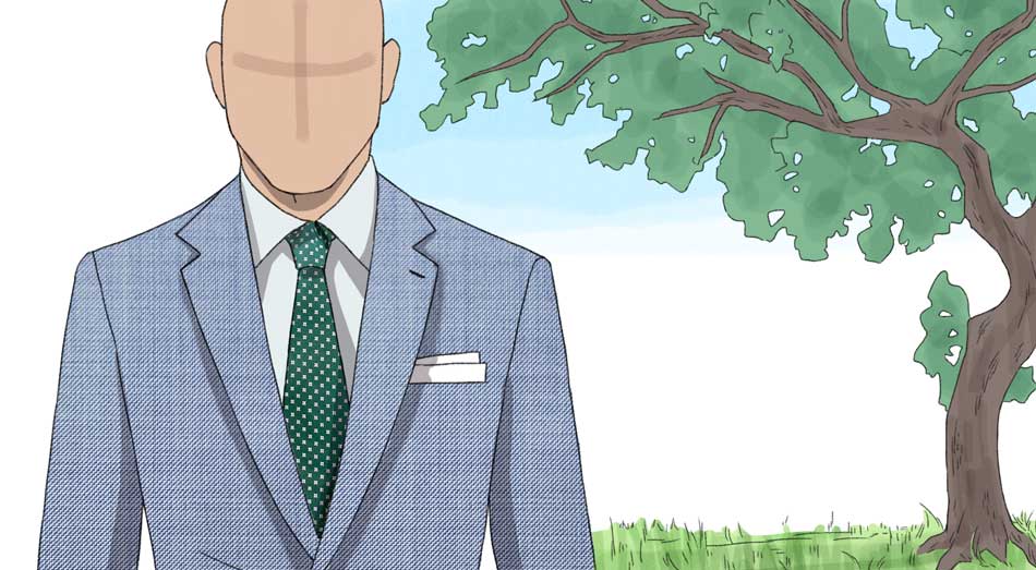 illustration of man wearing light blue suit and gree patterned tie in spring